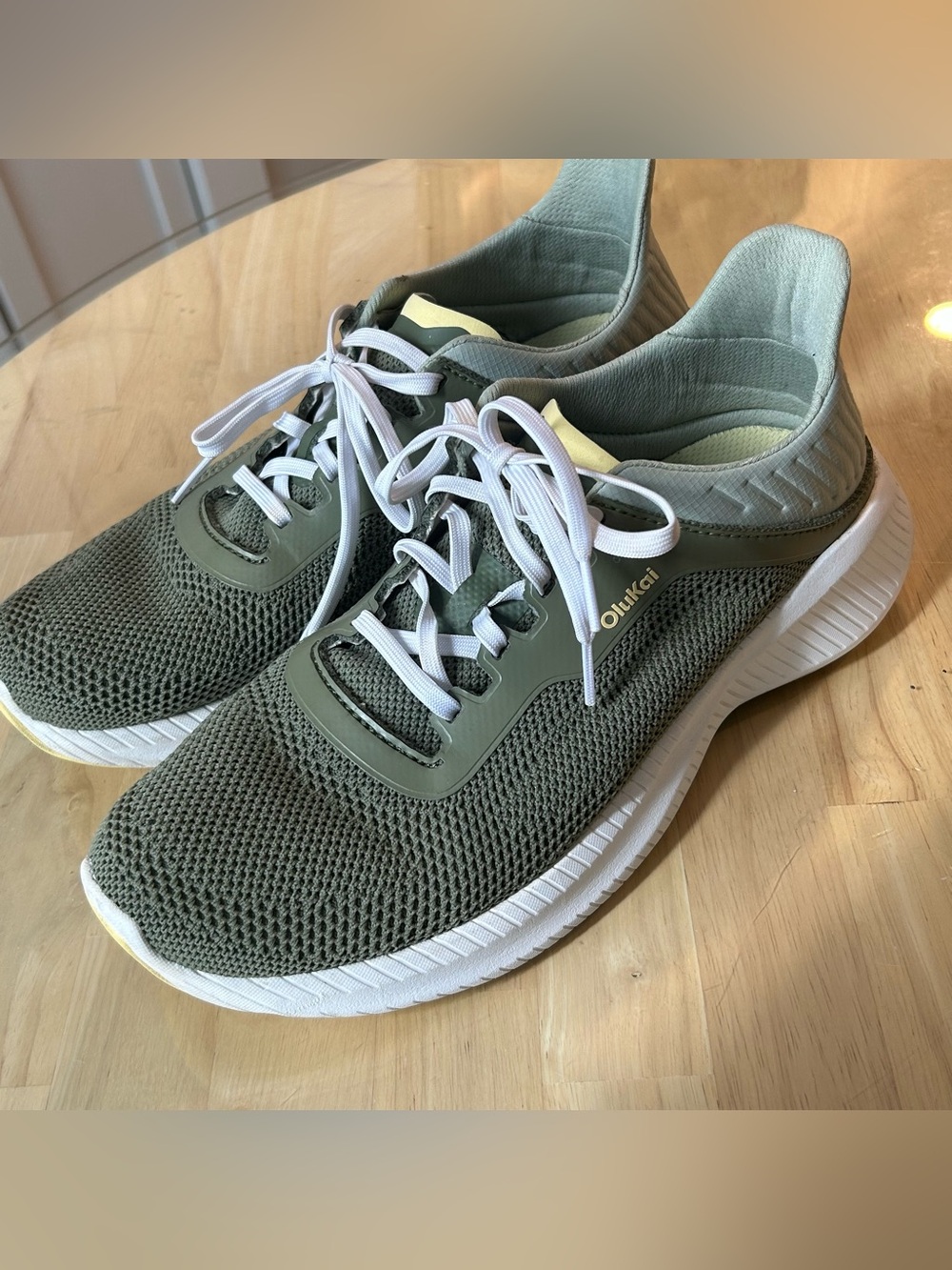 OluKa Men’s Island Hopper Olive Green Knit Lace-Up Sneakers with White Soles